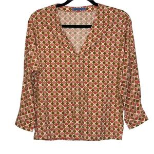 J. McLaughlin Blouse Brown Pink Cream XS Geometric Soft V-Neck Button‎ Up Top